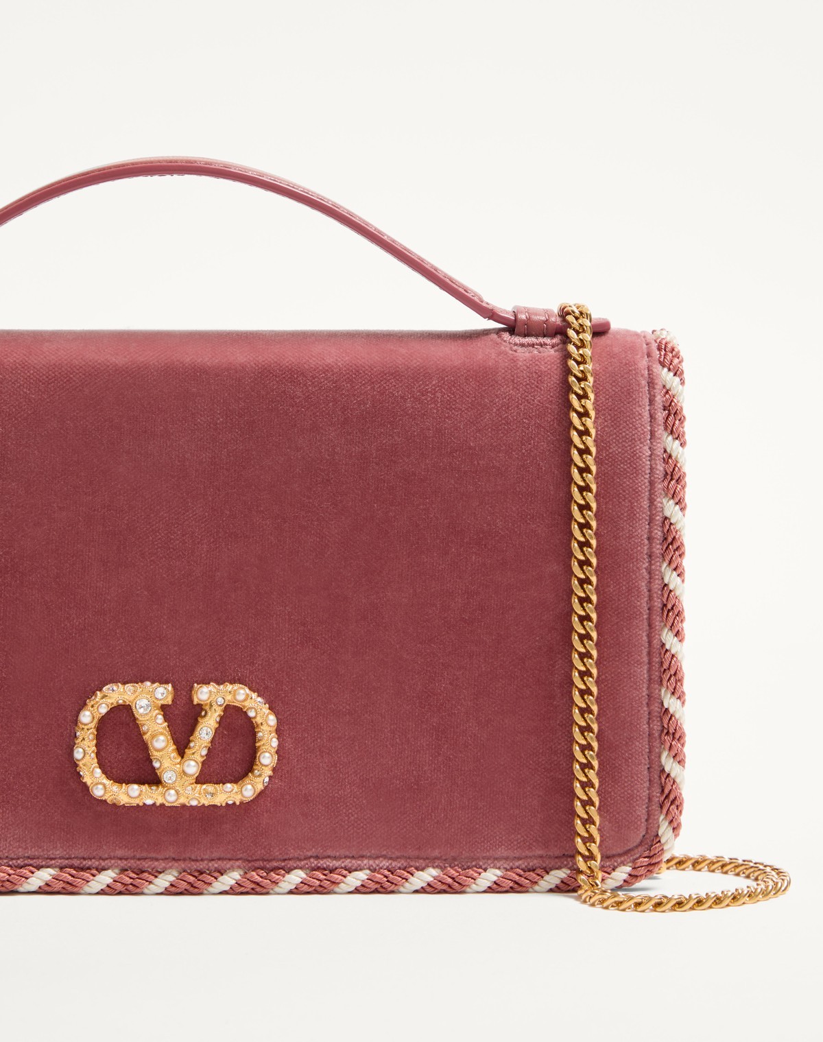 Valentino Vlogo Signature Velvet Chain Wallet With Jewel Logo In Red