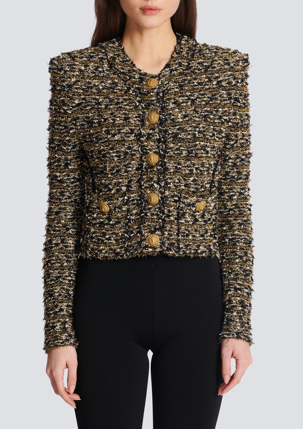 Shop Balmain Cropped Lurex Tweed Jacket In Brown