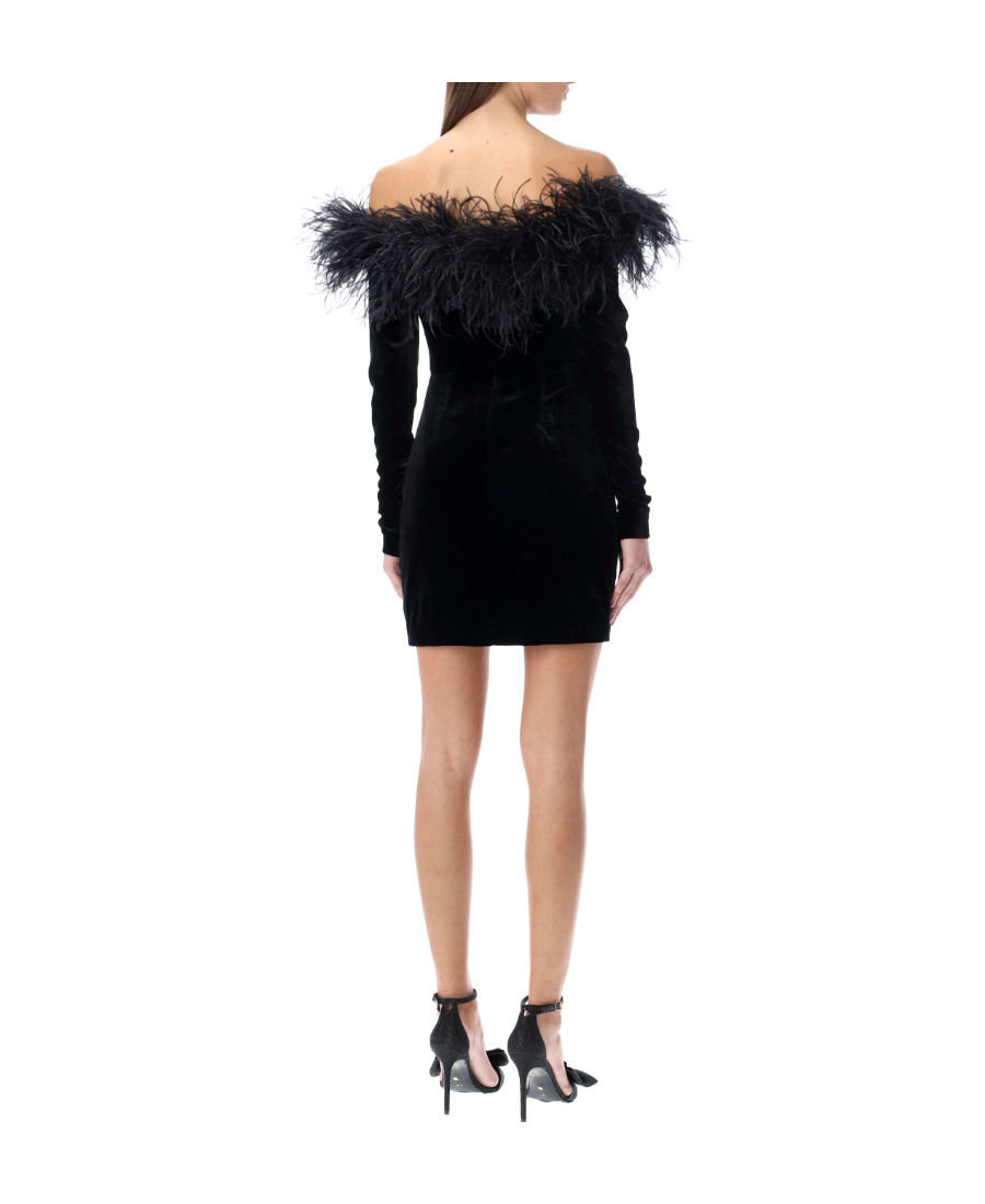 Alessandra Rich Feathered Off-the-shoulder Velvet Dress In Black