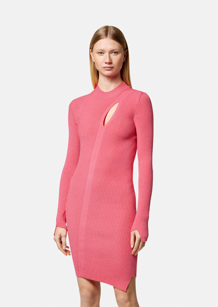 Versace Ribbed-knit Slashed Minidress In Pink