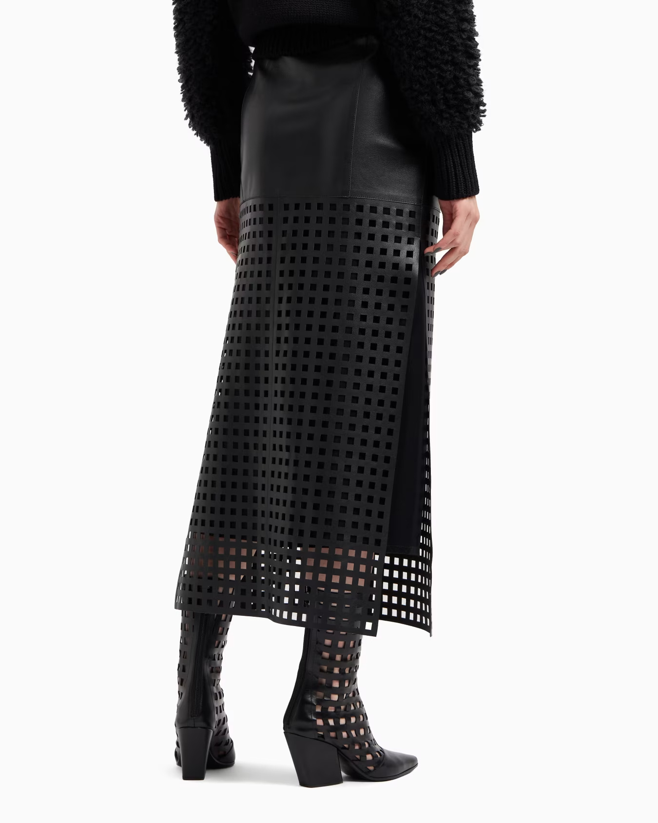 Emporio Armani Polygon Capsule Collection Midi Skirt In Vegetable-tanned Nappa Leather With Laser-cut Perforations In Black