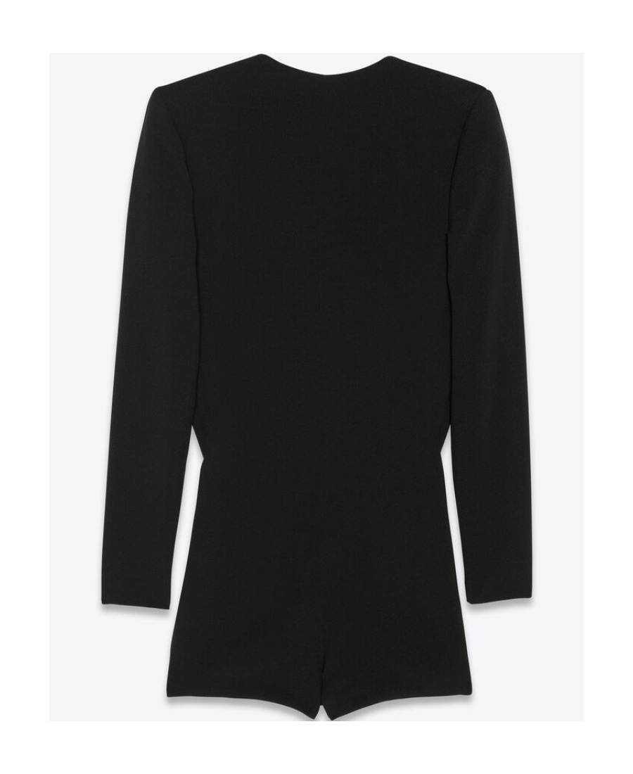 Saint Laurent Plunge Neck Long Sleeve Romper In Black