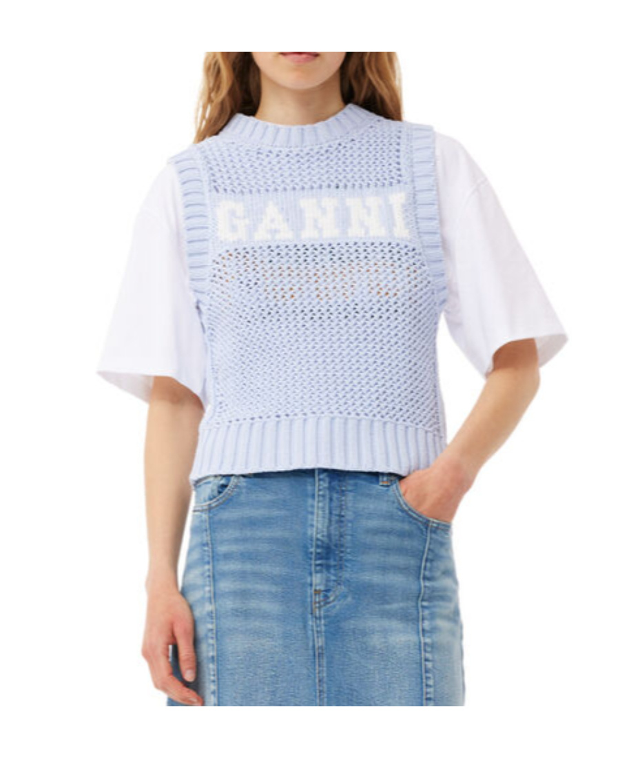Ganni Intarsia-knit Logo-organic-cotton Vest In Blue