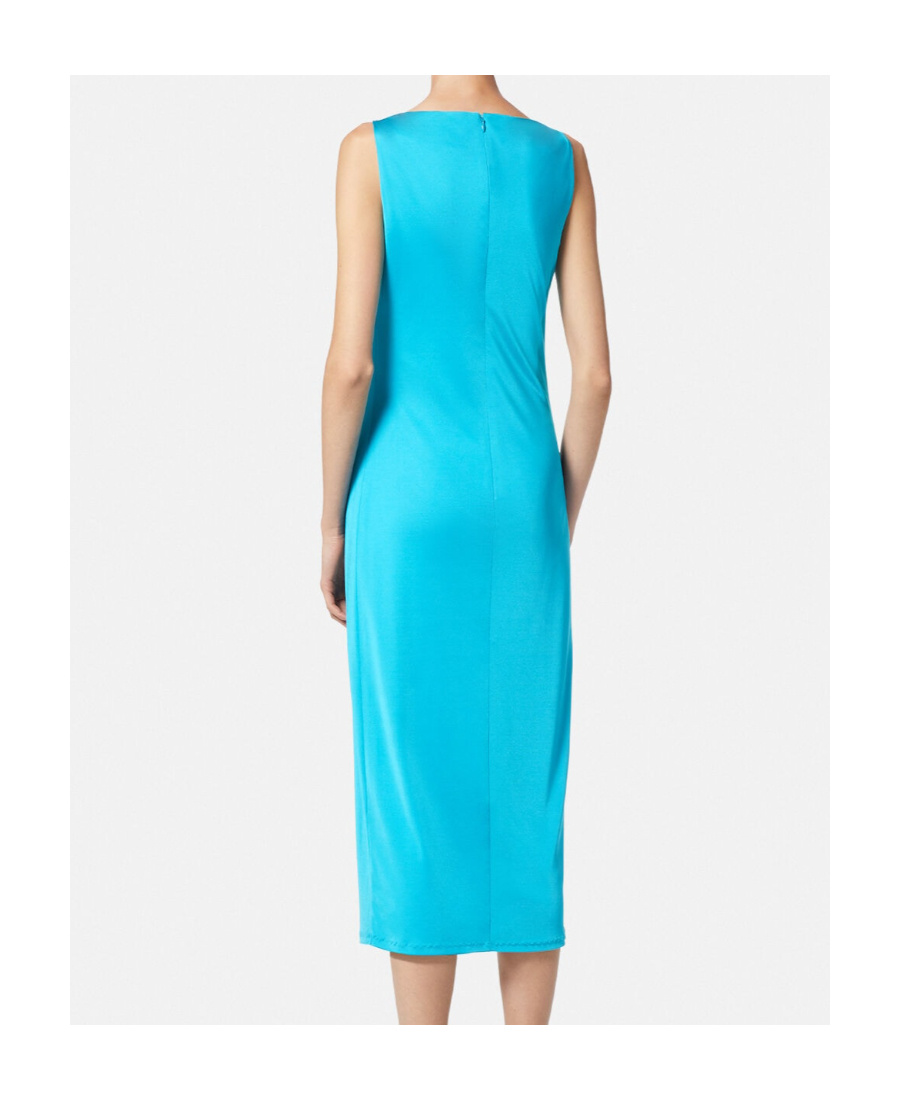 Versace Embellished Draped Metallic Jersey Dress In Blue