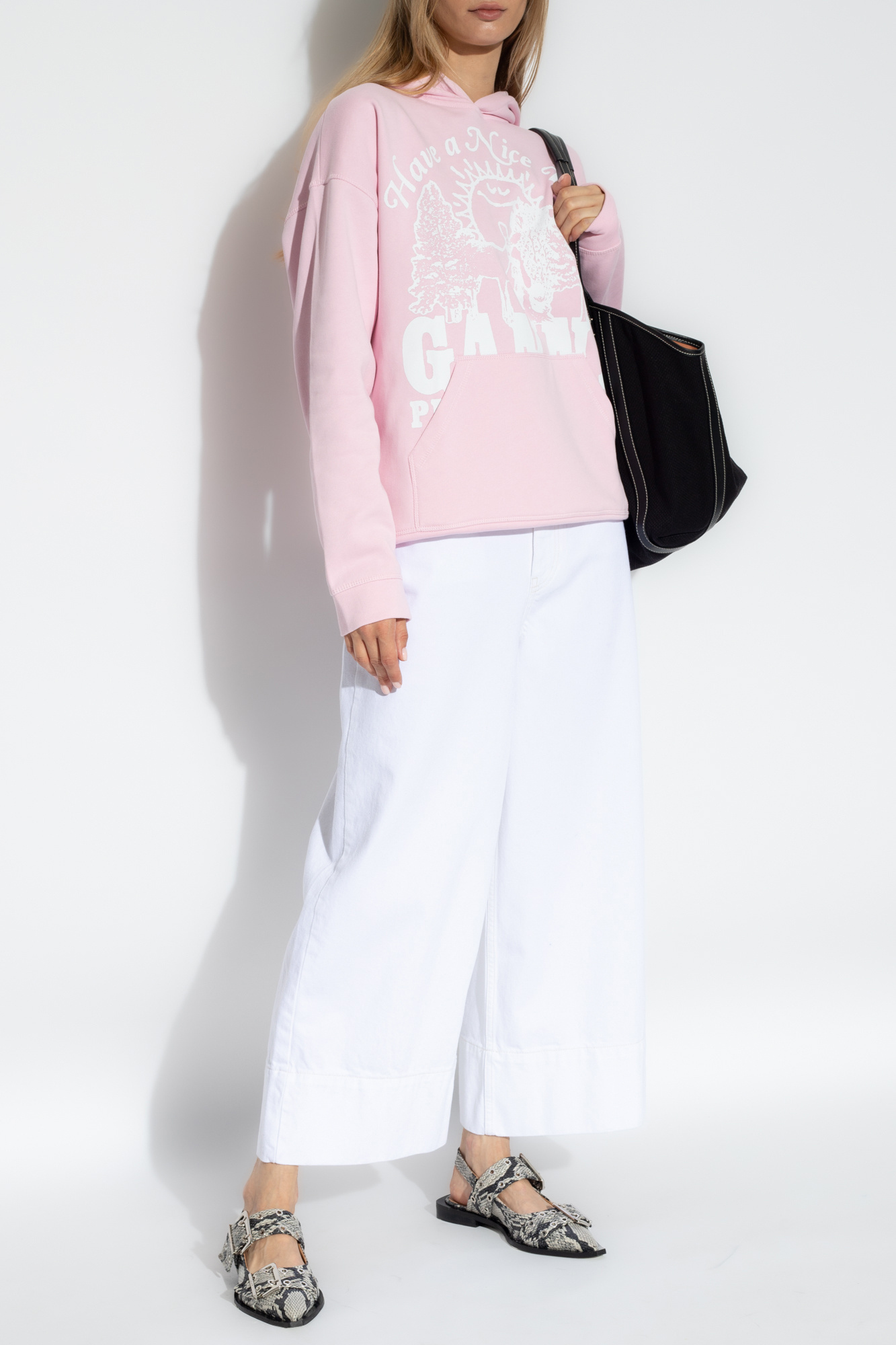 Shop Ganni Pink Oversized Isoli Animals Hoodie