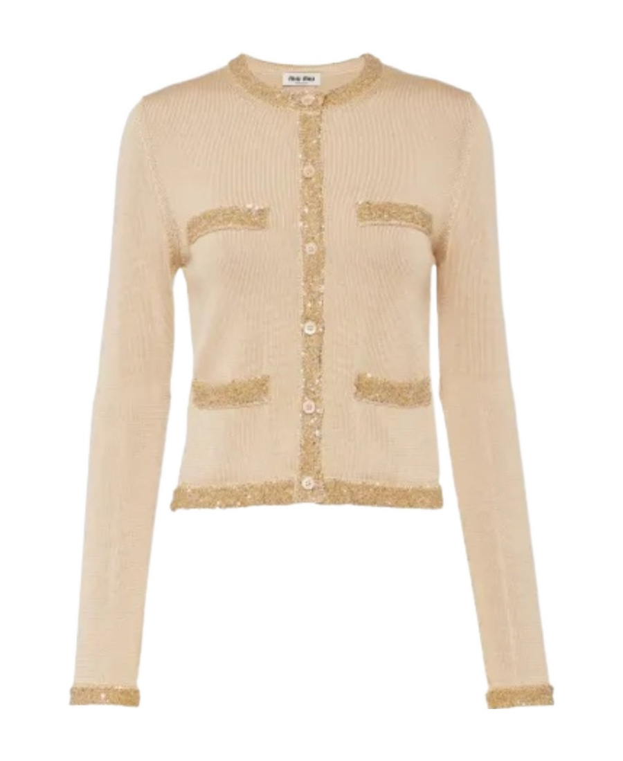 Miu Miu Sequined Silk Cropped Cardigan In Nude