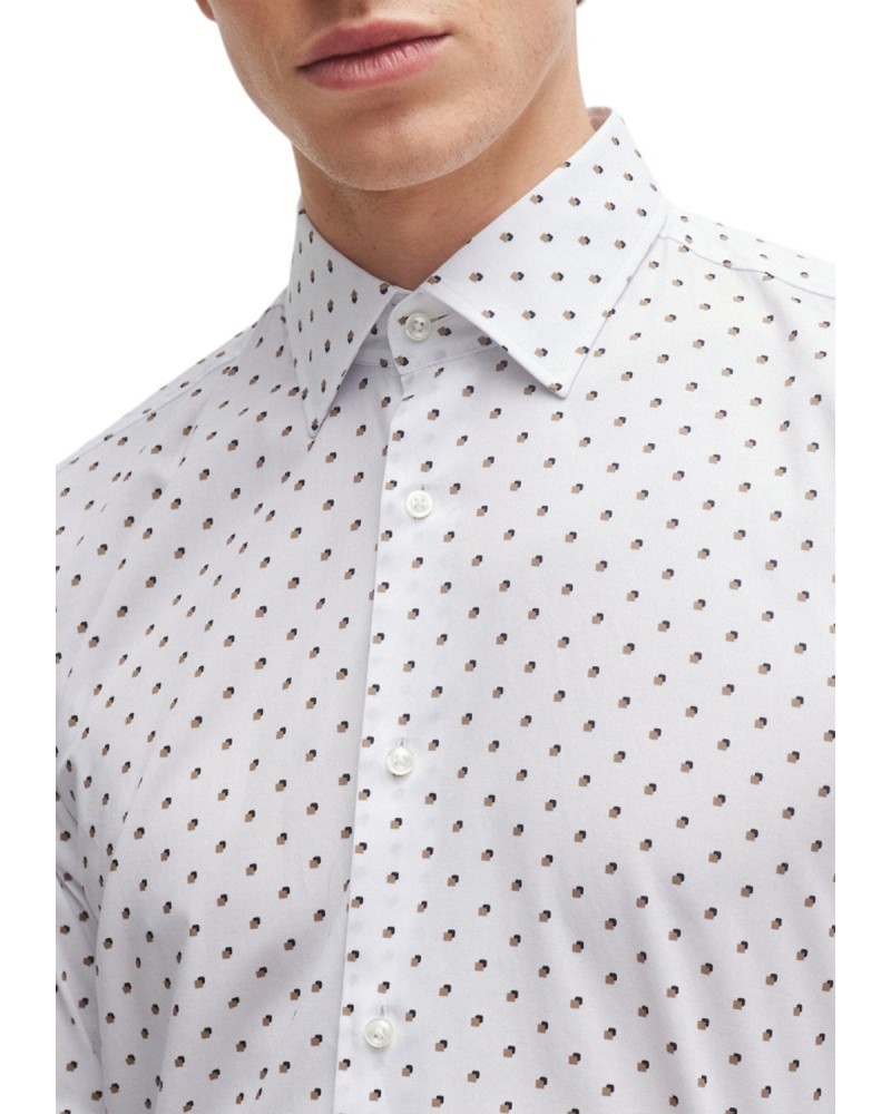 Hugo Boss Slim-fit Shirt In Geometric-print Performance-stretch Jersey In White