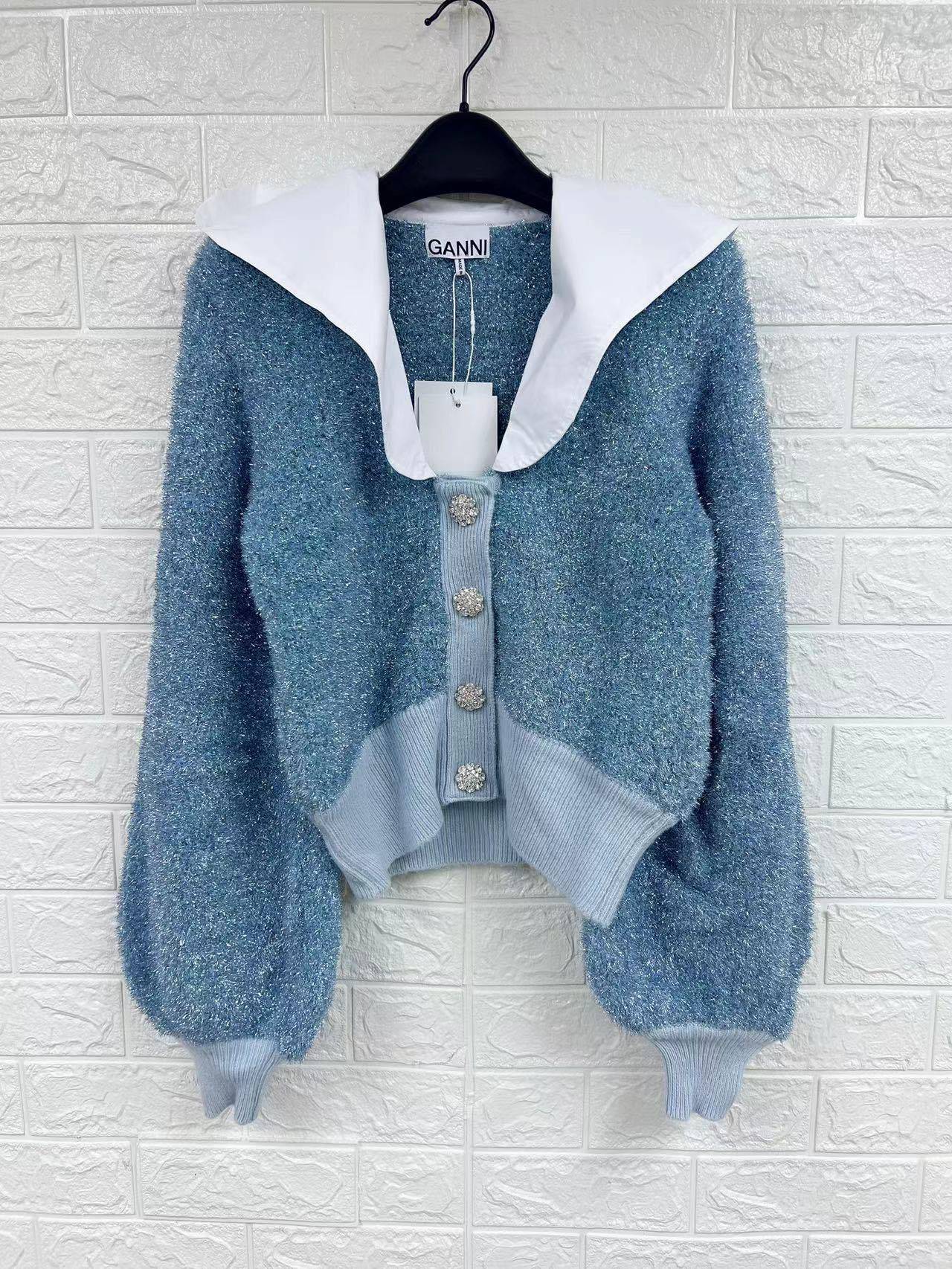 Ganni Lapel Knitted Cardigan In Blue