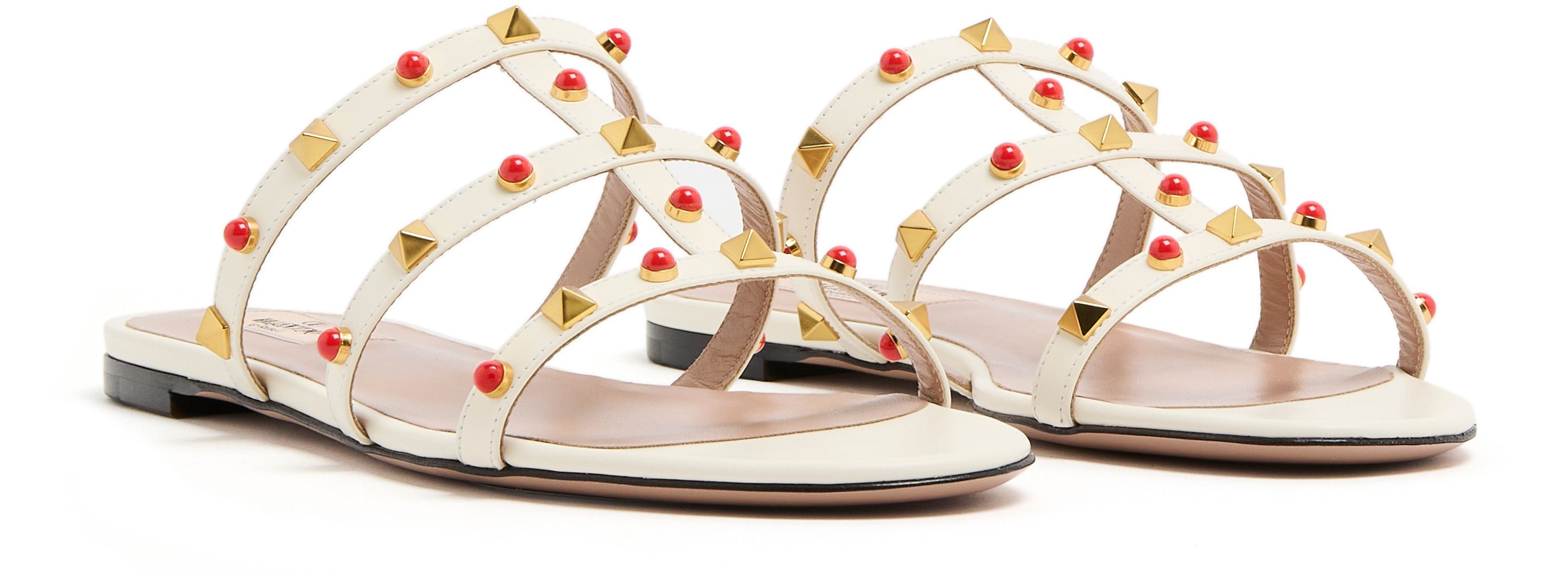 Valentino Rockstud Caged Leather Flat Sandals In White