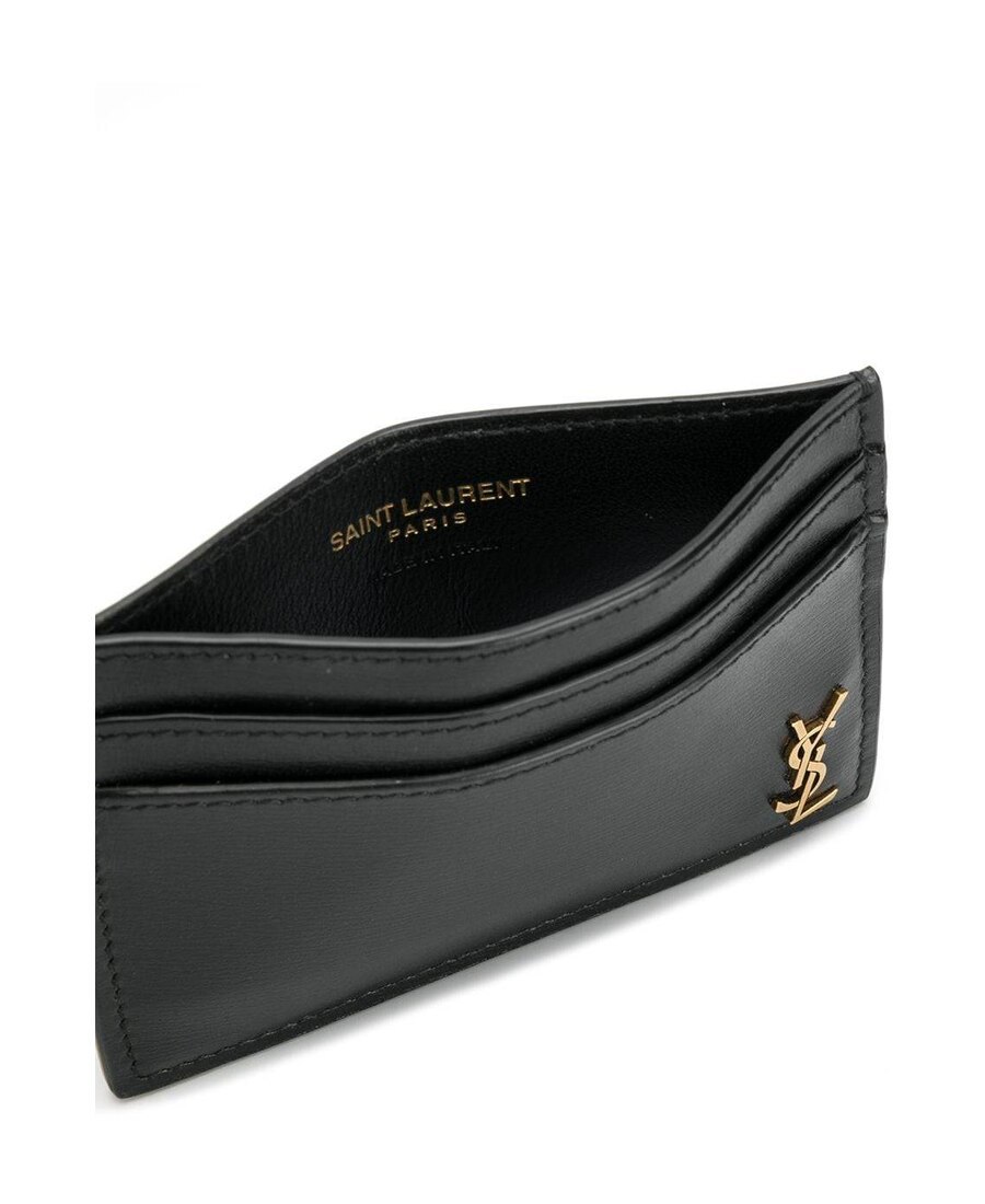 Saint Laurent Tiny Cassandre Card Holder In Polished Leather In Black