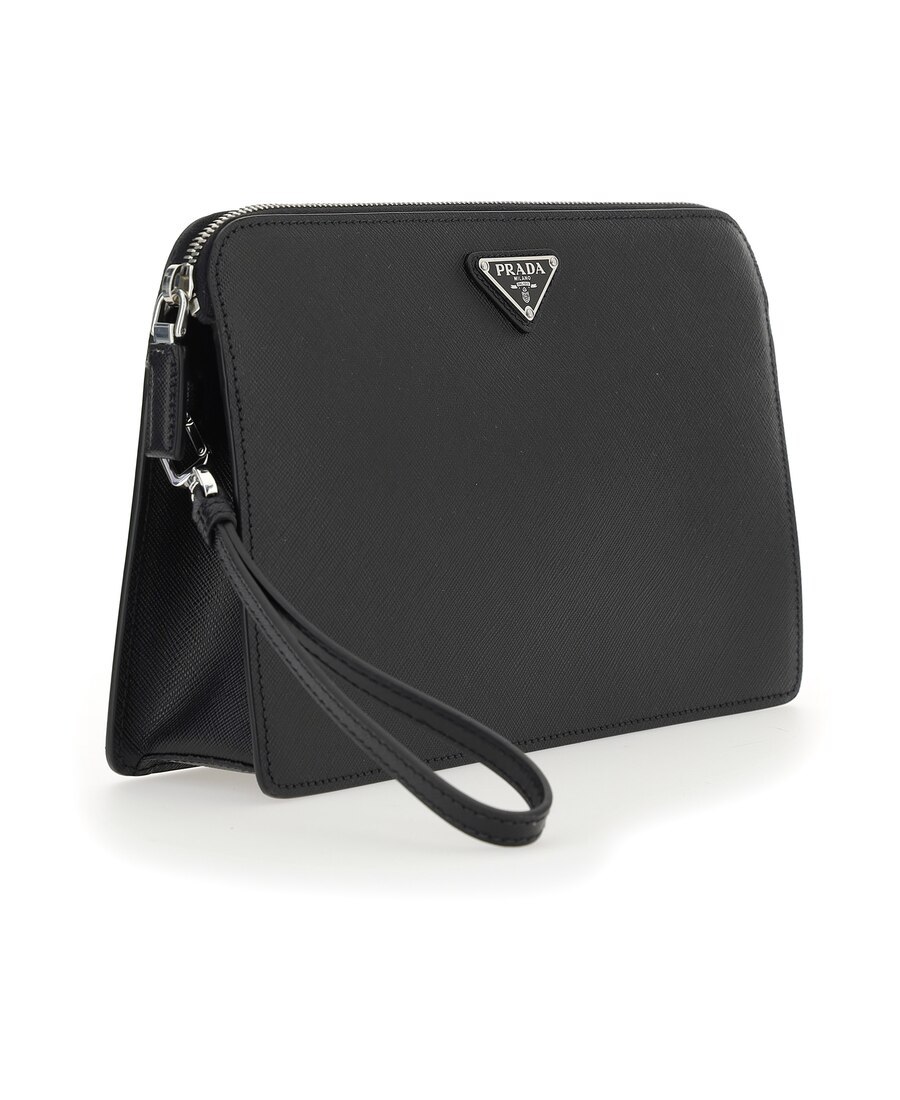 Prada Triangle Logo Leather Clutch Bag In Black