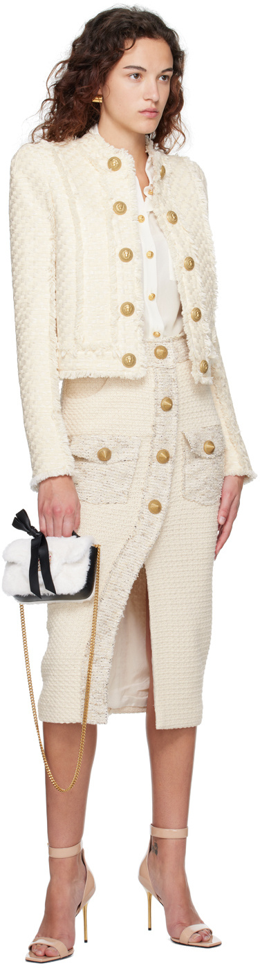 Balmain Button-detail Bouclé-tweed Pencil Skirt In White