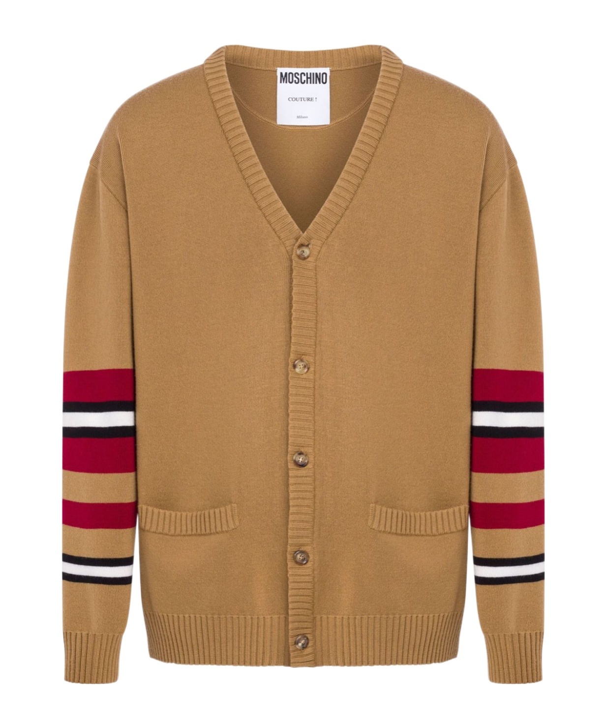 Moschino Stripe-trimmed Virgin-wool Cardigan In Brown