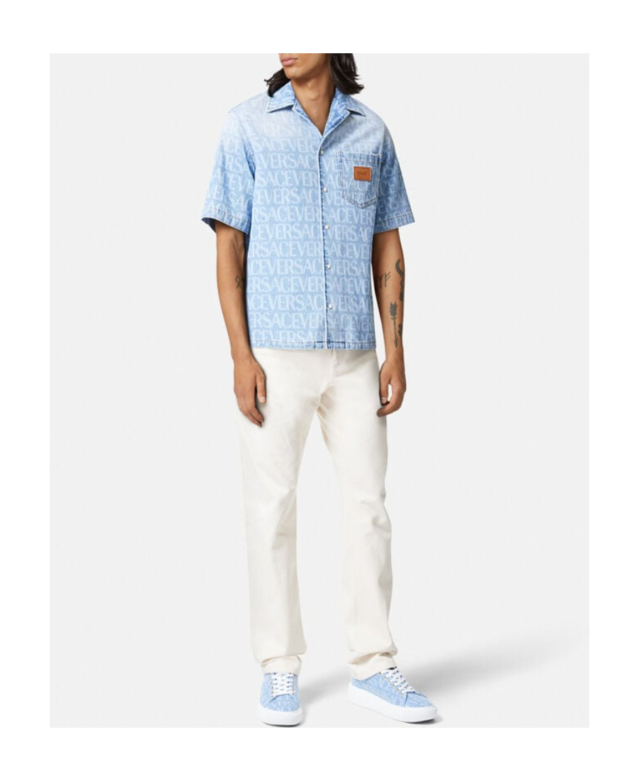 Versace All-over Logo Denim Shirt In Blue