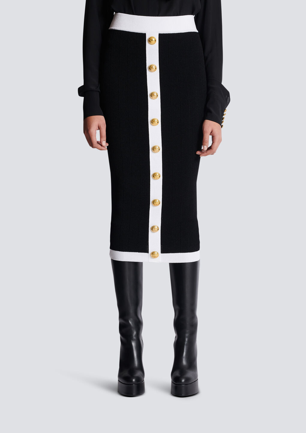 Balmain Button-embellished Ribbed-knit Midi Skirt In Black