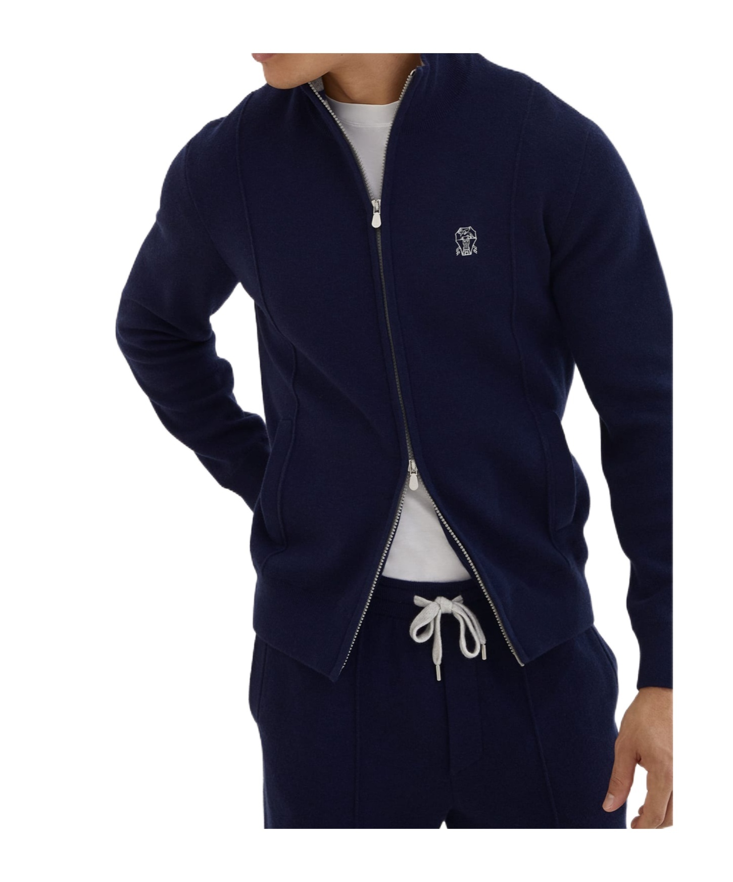 Brunello Cucinelli Zip-front Embroidered-logo Cardigan In Blue