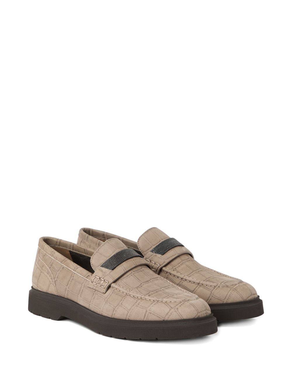 Brunello Cucinelli Crocodile Effect Round Toe Flat Sole Loafers In Neutral