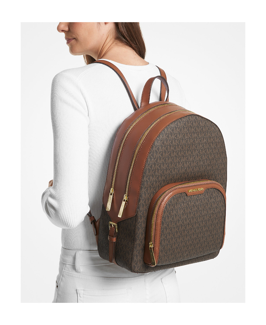 Michael Kors Jaycee Mini Xs Brown Signature Pvc Zip Pocket Shoulder Backpack Bag In Green
