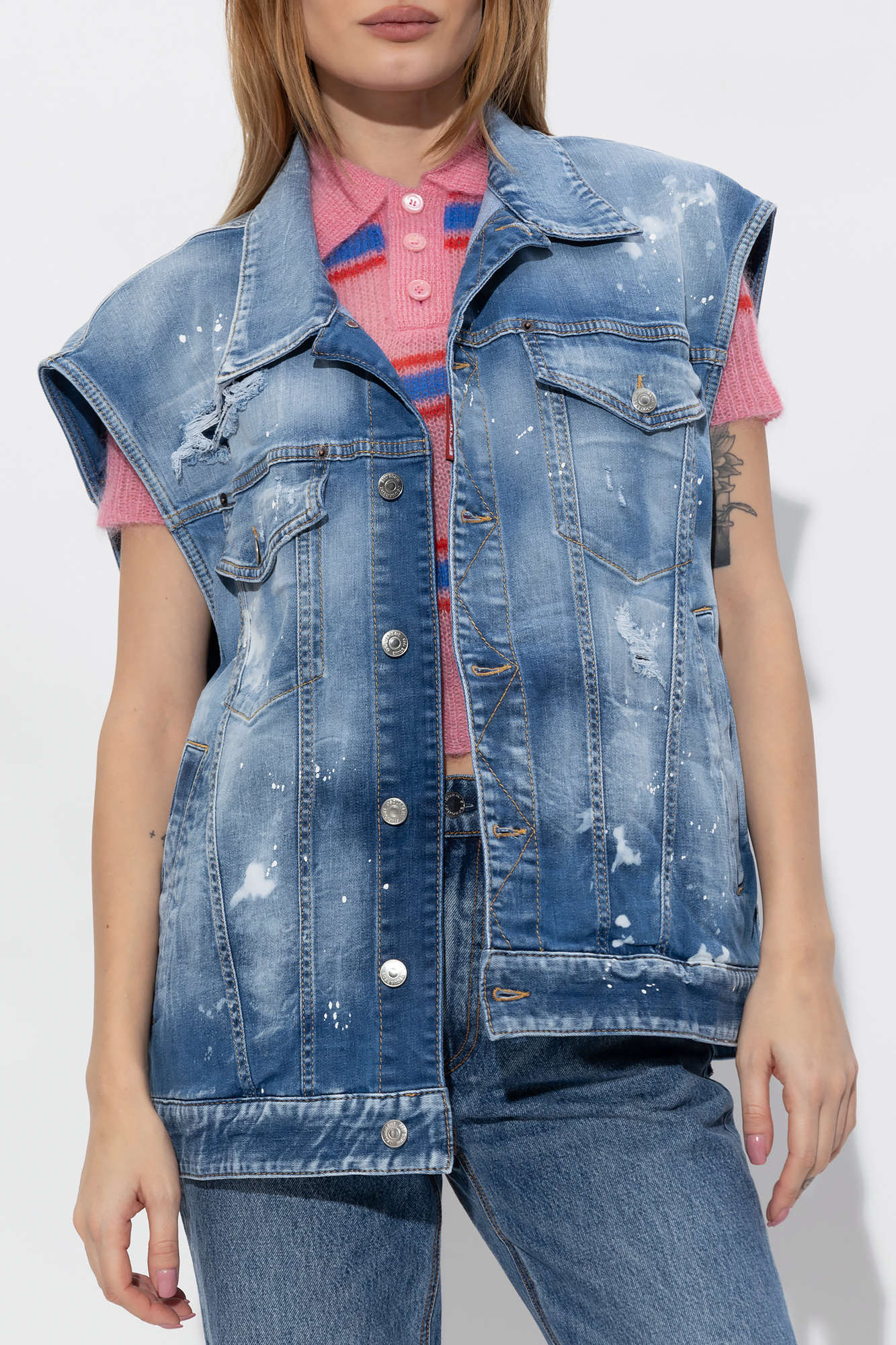 Dsquared2 Paint Splater Detailed Denim Vest In Blue