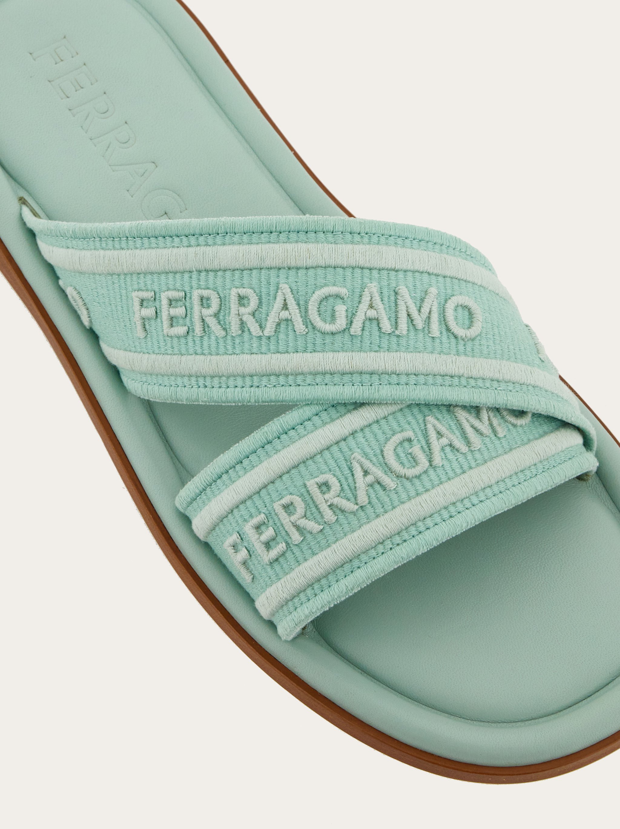 Ferragamo Laurene Logo Cotton Flat Sandals In Green