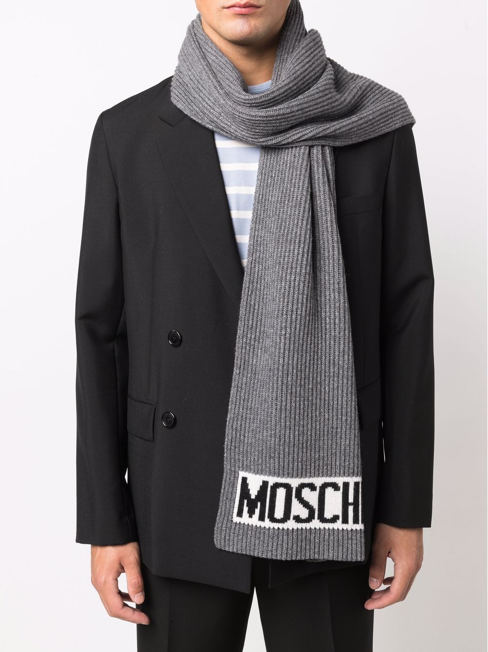 Moschino Logo Intarsia-knit Scarf In Gray