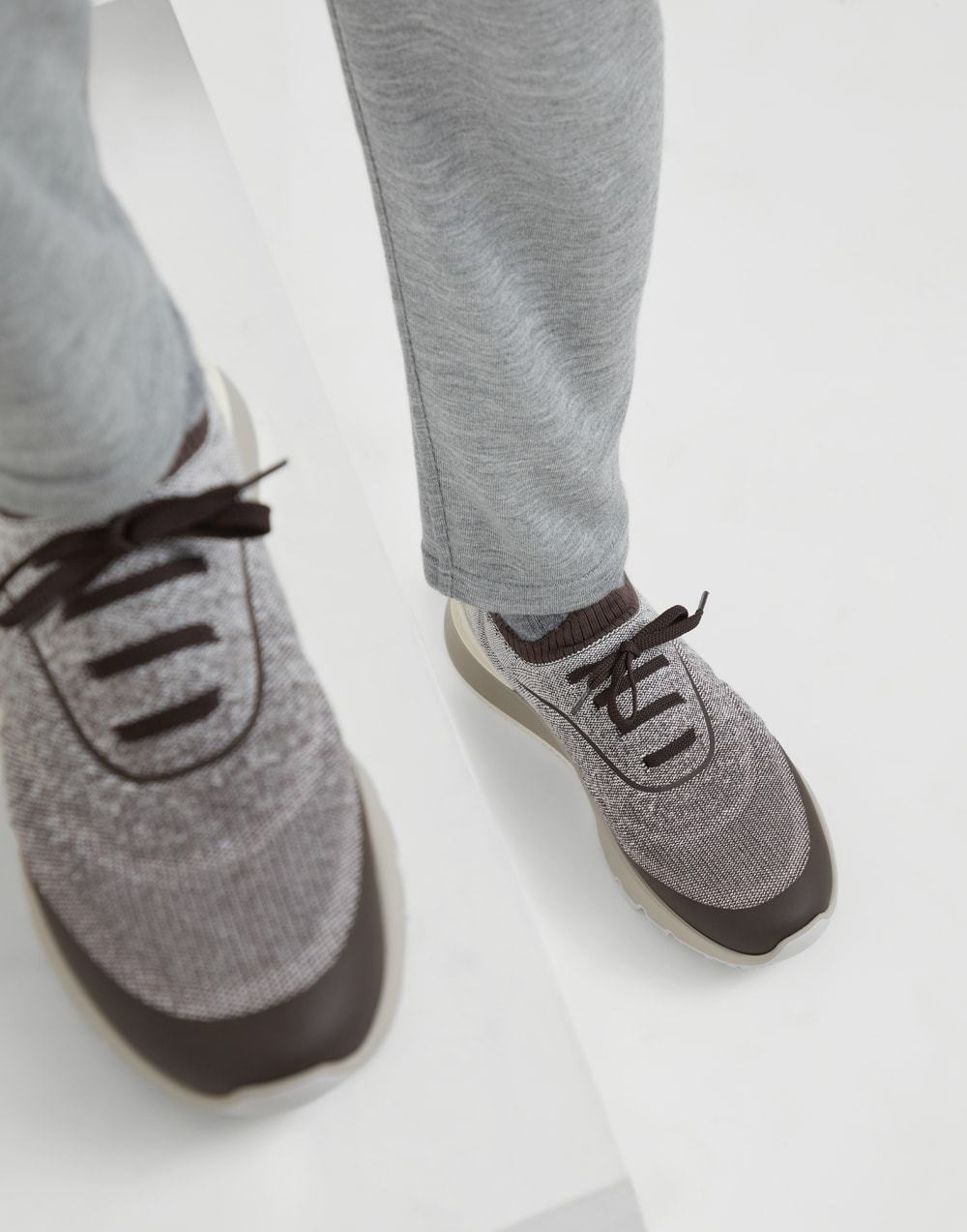 Brunello Cucinelli Men Techno Cotton Knit Sneakers Runners In Brown
