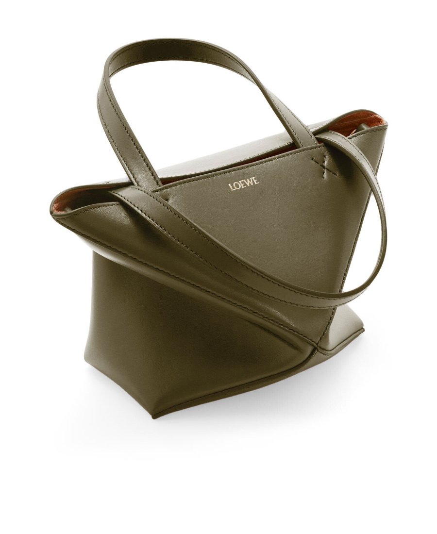 Loewe Mini Puzzle Fold Tote In Shiny Calfskin In Green