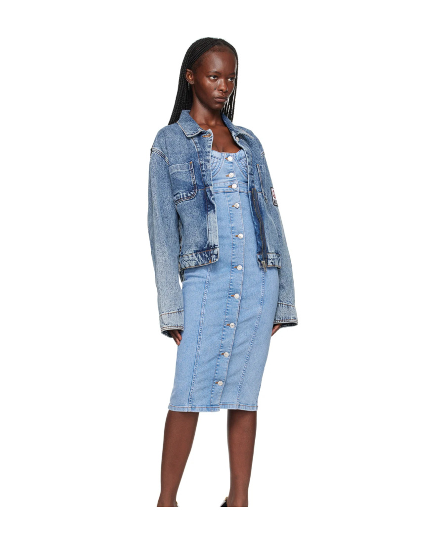 Shop Moschino Slit Long-sleeved Denim Coat In Blue