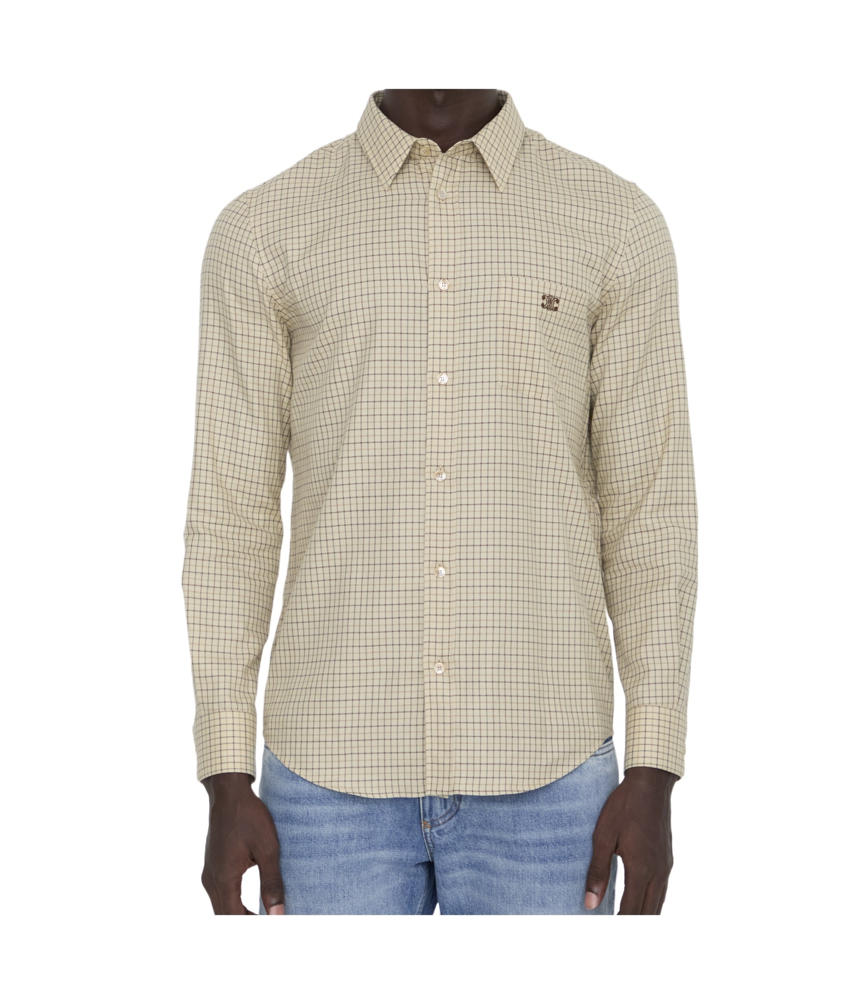 Celine Logo-embroidered Checked Cotton Shirt Men In Nude