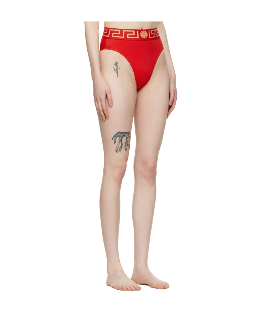 Versace Greca Border High Leg Swimming Briefs In Red