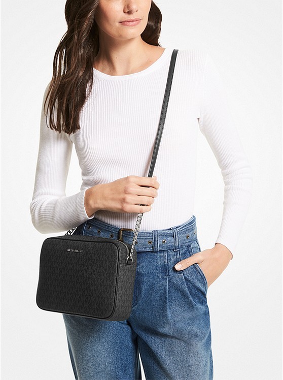 Shop Michael Kors Jet Set Large Logo Satchel In Black