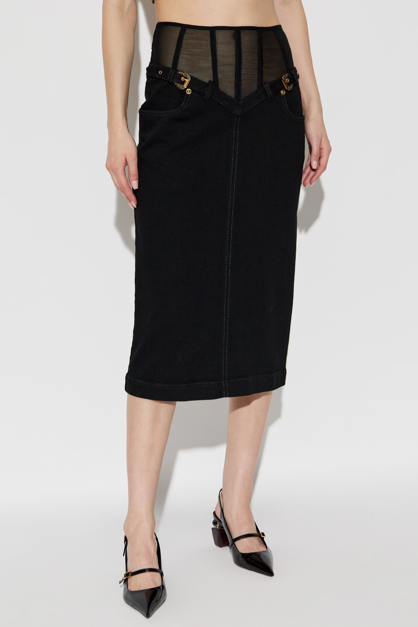 Shop Versace Jeans Back Slit Denim Skirt In Black