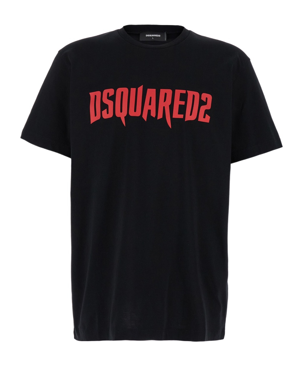 Dsquared2 Black Crewneck T-shirt With Contrasting Print At The Front In Black
