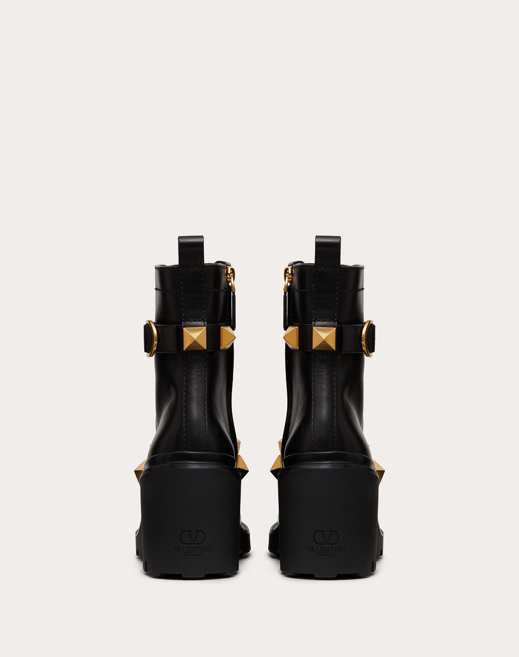 Valentino Garavani Combat Black Leather Boots With Antique Brass Studs In Nero