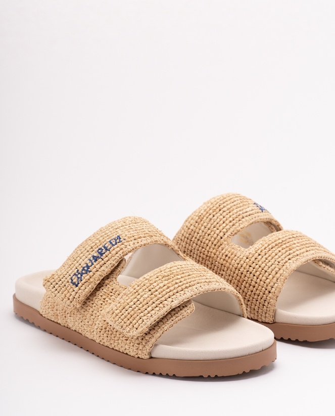 Dsquared2 Summer Lovers Natural Rafia Sandals With Embroidery In Nude
