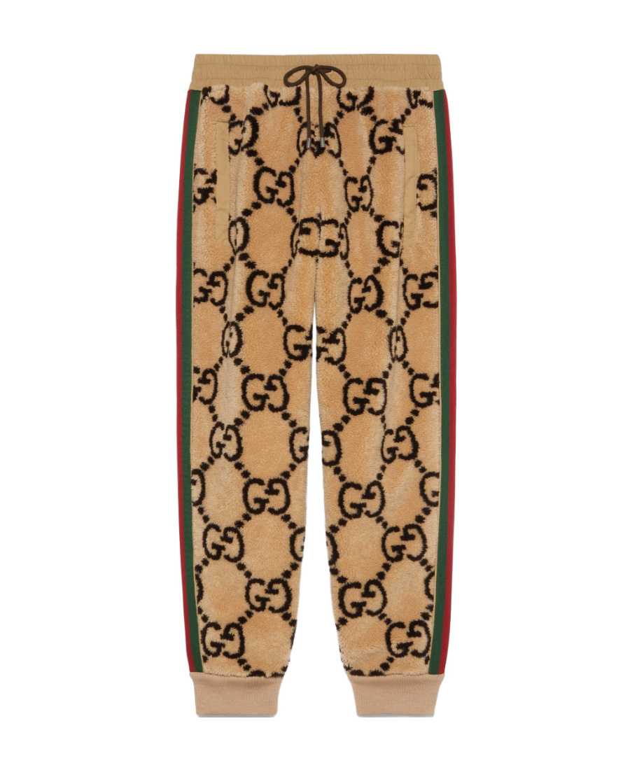 Gucci Striped Logo-jacquard Wool-blend Fleece Sweatpants In Nude