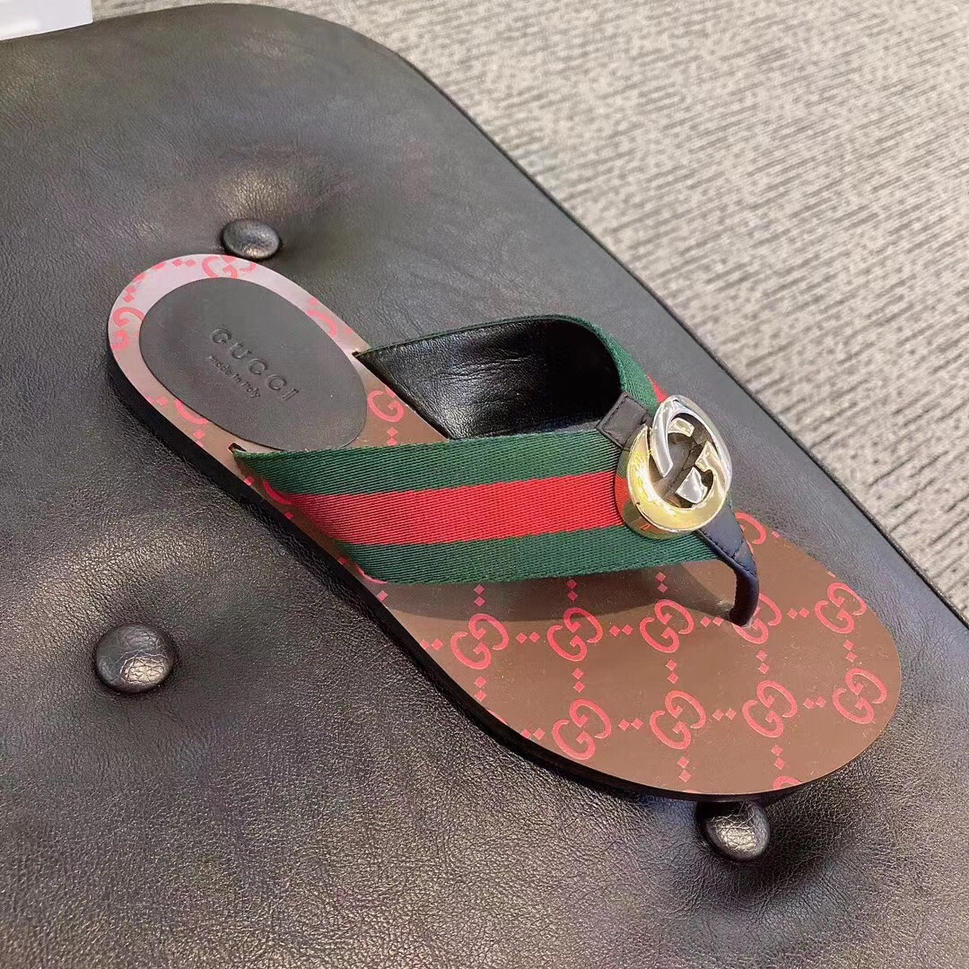 Gucci Gg Web Leather Thong Sandals In Black