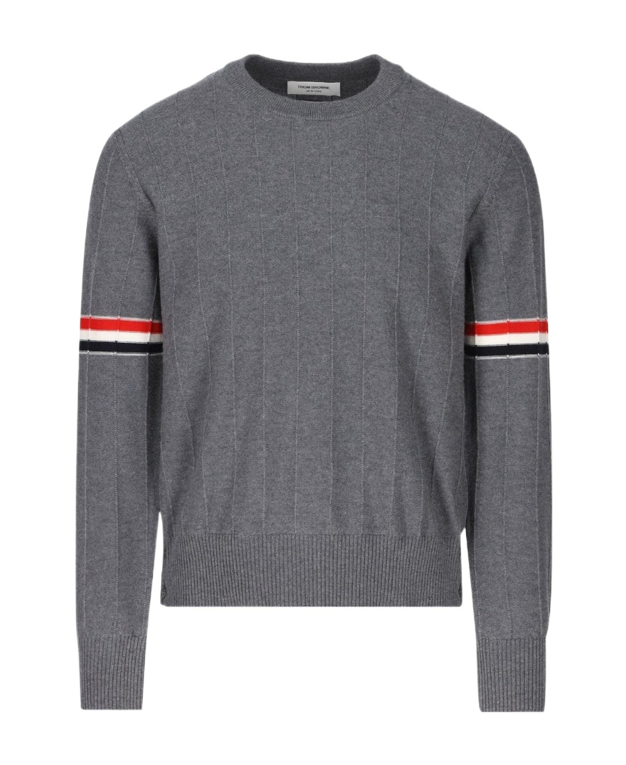 Shop Thom Browne Rwb-stripe Long-sleeved Crewneck Jumper In Gray