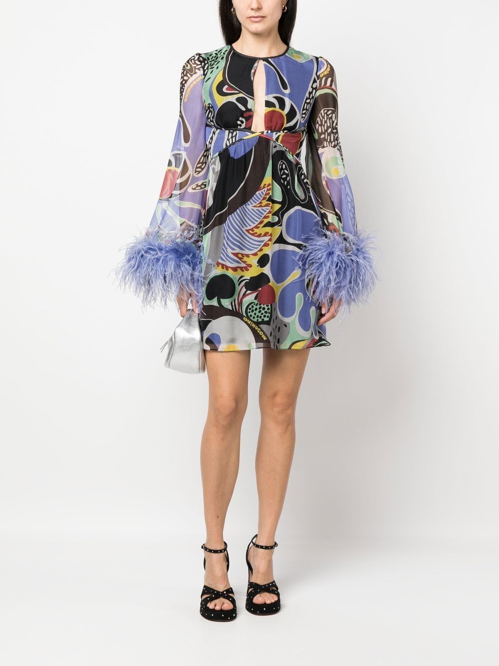 Moschino Feather-trim Psychedelic Print Dress In Multicolor