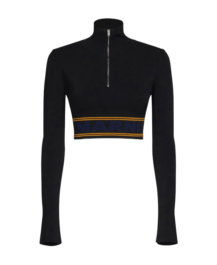 Marni Cropped Top With Ribbed Funnel Neck In Black