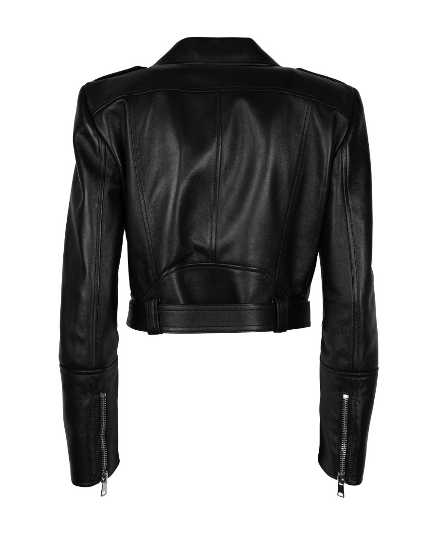 Alexander Mcqueen Black Cropped Biker Jacker With Matching Belt In Smooth Leather Woman In Black