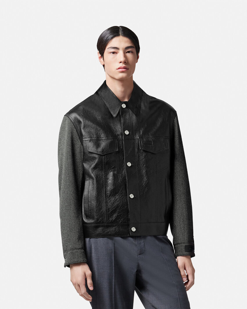 Versace Panelled Button-down Leather Jacket In Black