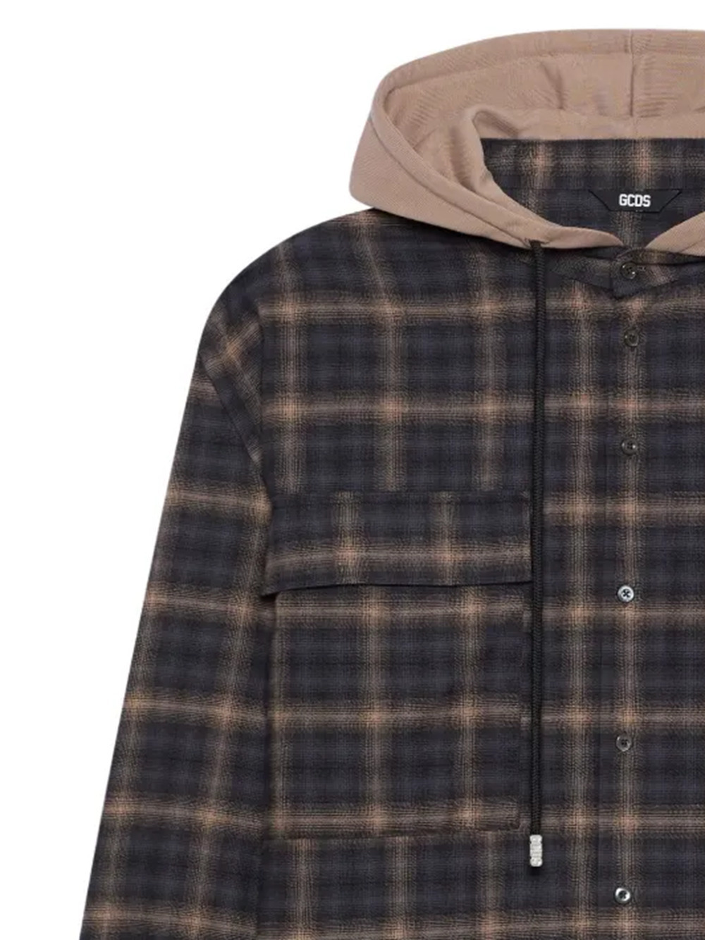 Gcds Plaid Hooded Shirt Chest Pockets Drawstring In Brown
