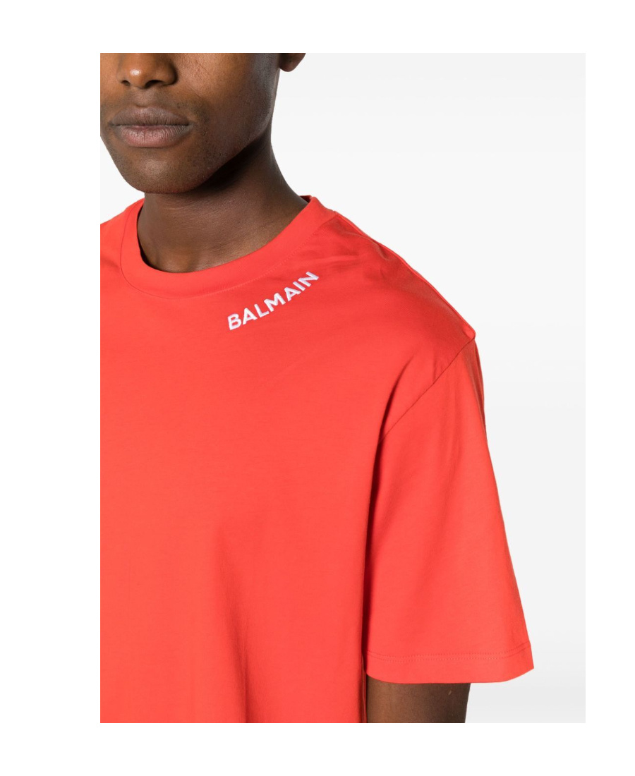 Balmain Logo Embroidered Organic Cotton T-shirt In Orange