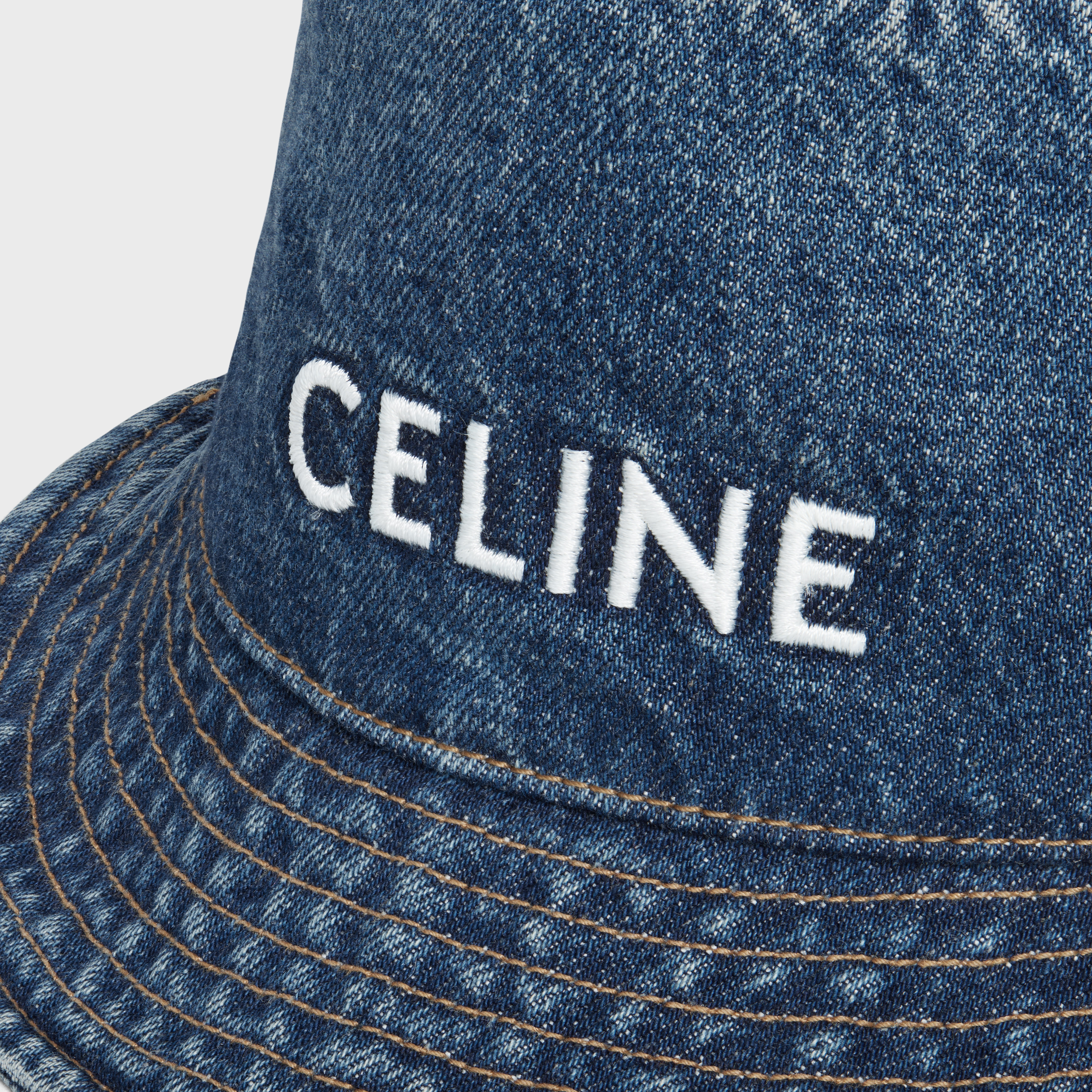 Celine Embroidered Bucket Hat In Union Wash Denim In Blue