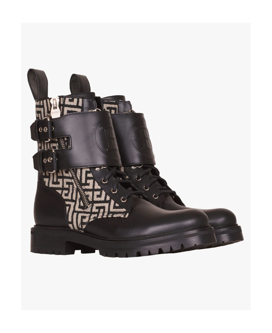 Balmain Bicolor Smooth And Monogram Jacquard Phil Ranger Ankle Boots In Black