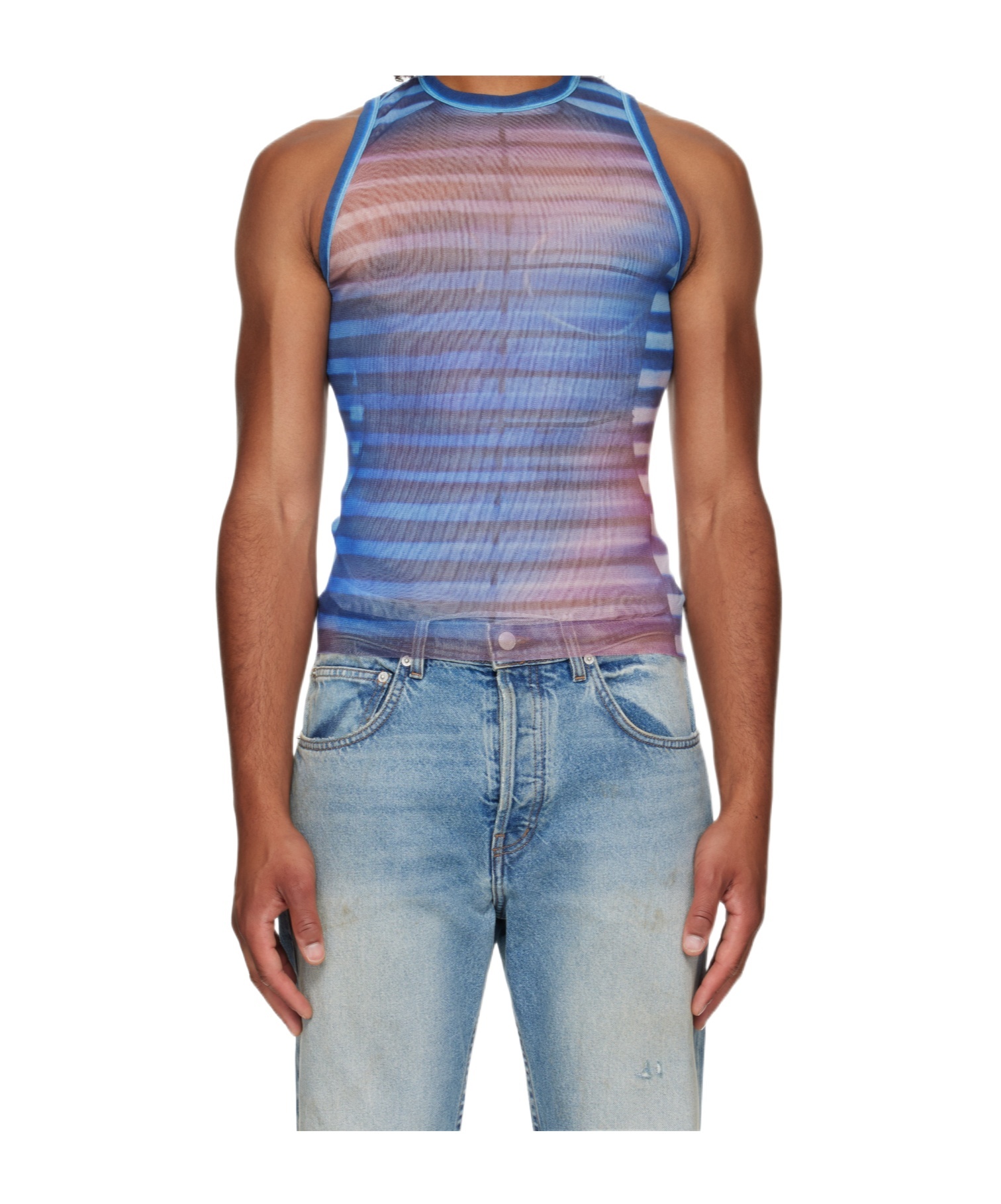 Jean Paul Gaultier Sleeveless Round Neck Striped Sheer Top In Blue