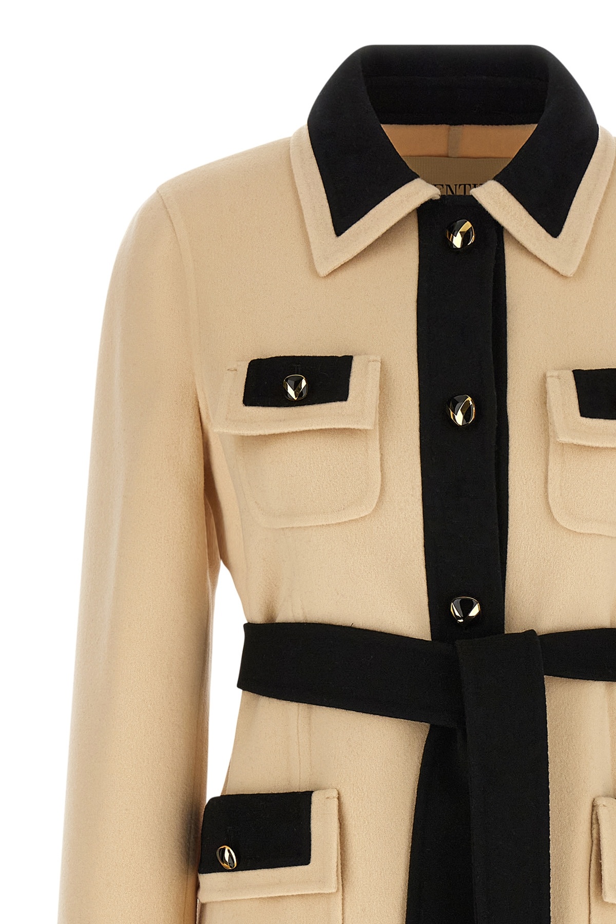 Valentino Wool Coat With Belted Waist And Contrast Trim In Brown