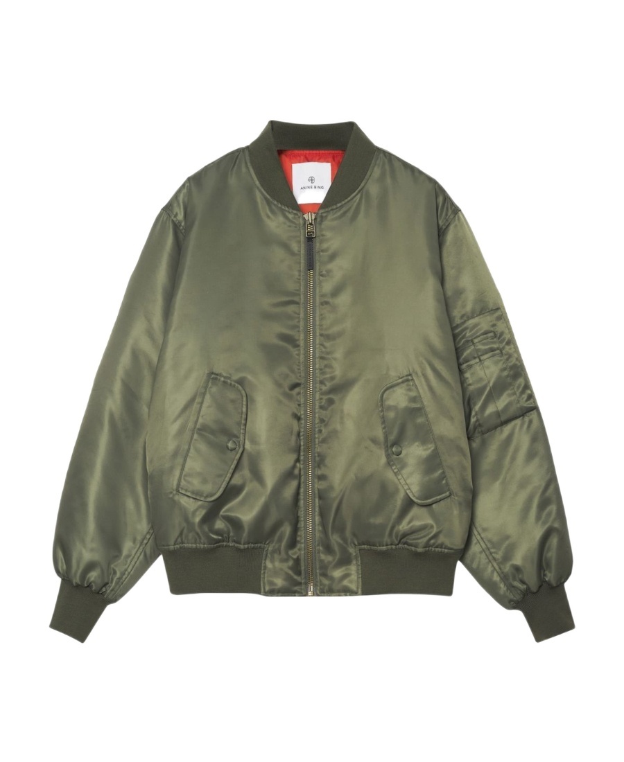 Shop Anine Bing Leon Satin Bomber Jacket In Green