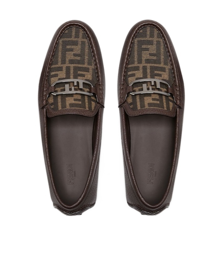 Fendi Brown Leather And Ff Jacquard Loafers In Black